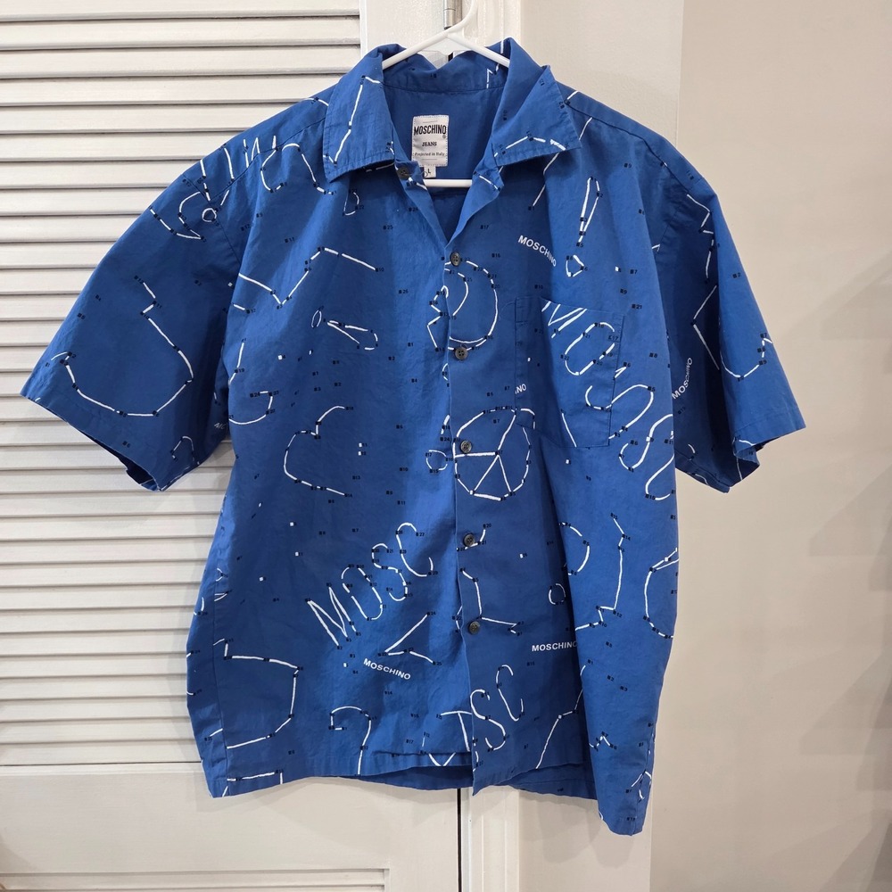 Vintage Moschino Jeans Italian Blue Short Sleeve Button Up Shirt Constellation L